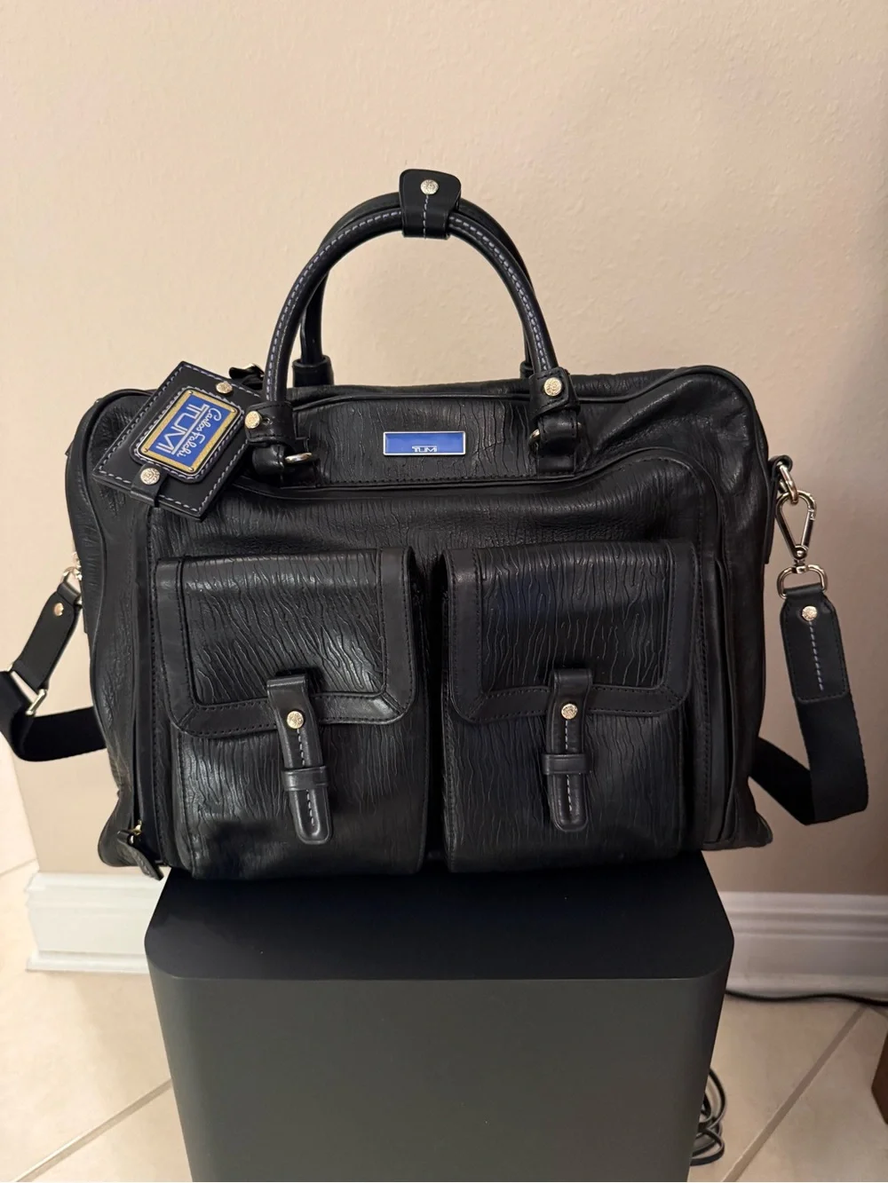 Tumi Carlos Falchi Black/Blue Leather Laptop Briefcase with Dual Front Pockets